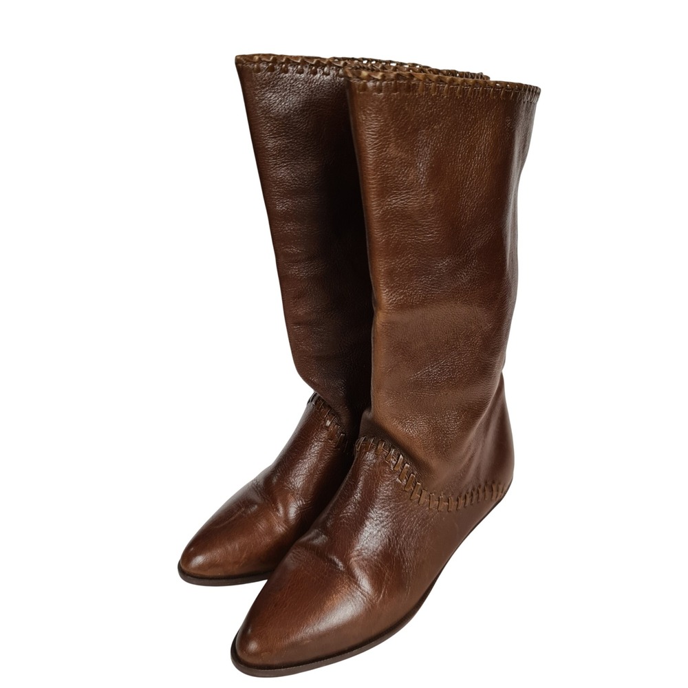 Connie Vintage Brown Leather Slouch Tall Boots 7B Pointed Toe Whipstitch Brazil - Picture 4 of 11